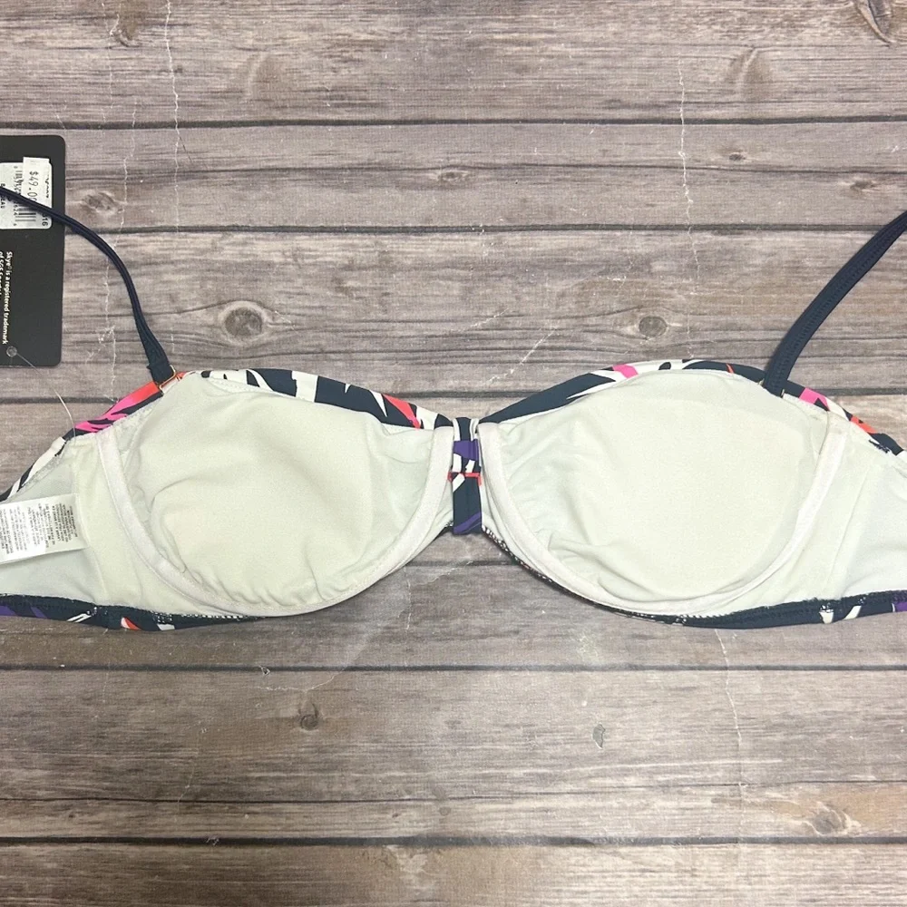 Skye Navy Blue Leaves Removable Strap Back Tie Underwire Bandeau Bikini Top NOS